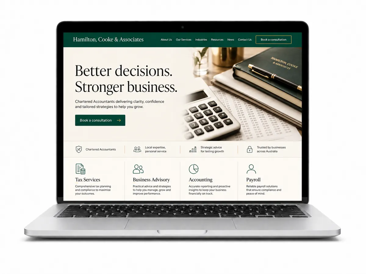 Redesigned accounting website with clear headline and contact action.
